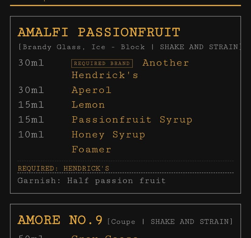 MiX staff spec board showing a cocktail build with required brand markers